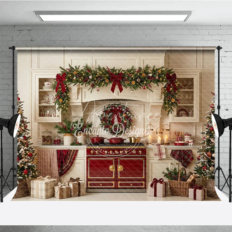 Aperturee - Aperturee Cozy Christmas Kitchen Holiday Backdrop with Festive Garland and Decorated Trees Elegant Seasonal Celebration Decor