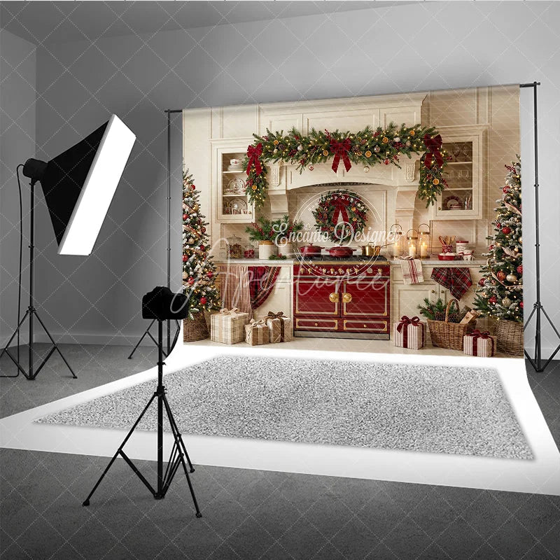 Aperturee - Aperturee Cozy Christmas Kitchen Holiday Backdrop with Festive Garland and Decorated Trees Elegant Seasonal Celebration Decor
