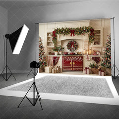 Aperturee - Aperturee Cozy Christmas Kitchen Holiday Backdrop with Festive Garland and Decorated Trees Elegant Seasonal Celebration Decor