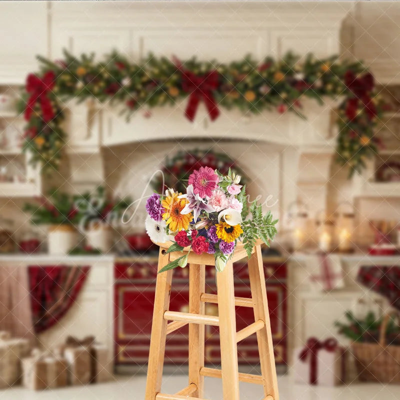 Aperturee - Aperturee Cozy Christmas Kitchen Holiday Backdrop with Festive Garland and Decorated Trees Elegant Seasonal Celebration Decor