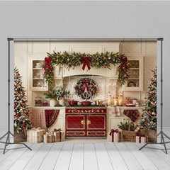 Aperturee - Aperturee Cozy Christmas Kitchen Holiday Backdrop with Festive Garland and Decorated Trees Elegant Seasonal Celebration Decor