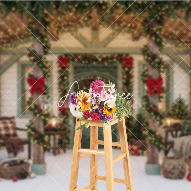 Aperturee - Aperturee Cozy Christmas Porch Holiday Backdrop with Snowy Winter Trees Festive Garlands and Red Bows Decor