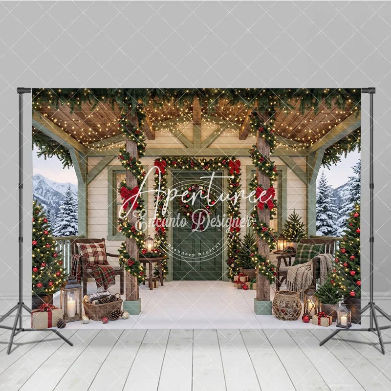Aperturee - Aperturee Cozy Christmas Porch Holiday Backdrop with Snowy Winter Trees Festive Garlands and Red Bows Decor