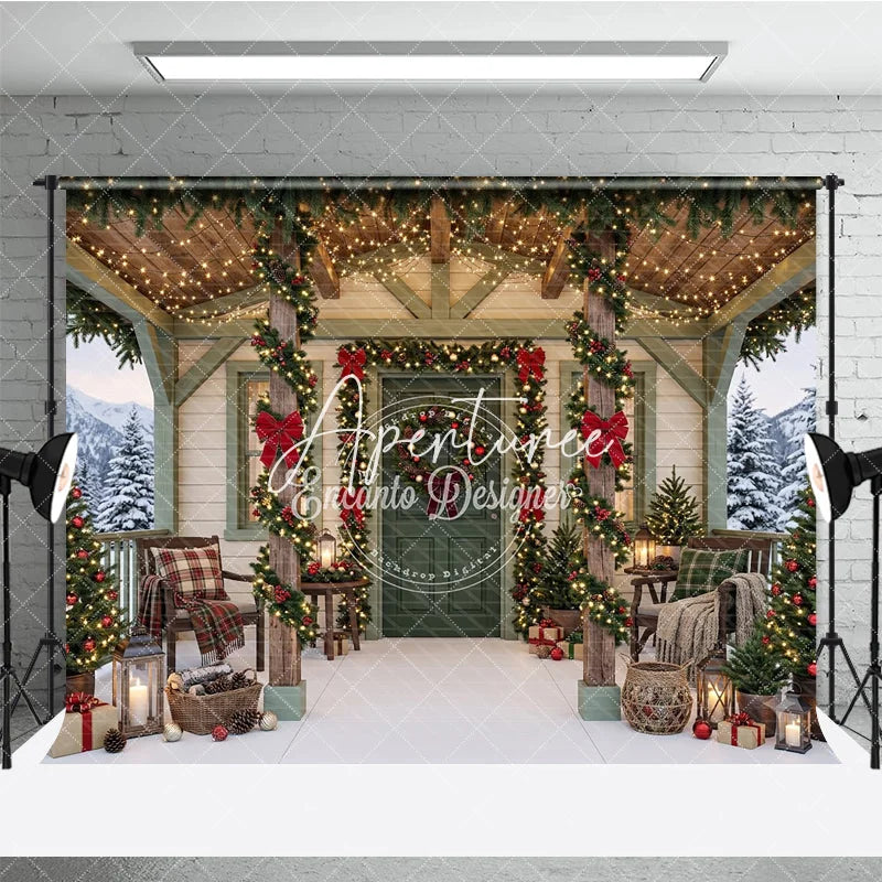 Aperturee - Aperturee Cozy Christmas Porch Holiday Backdrop with Snowy Winter Trees Festive Garlands and Red Bows Decor