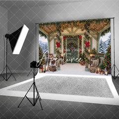 Aperturee - Aperturee Cozy Christmas Porch Holiday Backdrop with Snowy Winter Trees Festive Garlands and Red Bows Decor