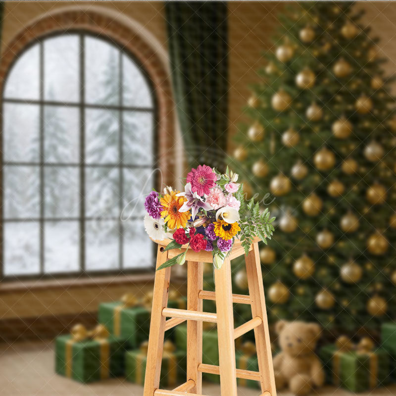 Aperturee - Aperturee Cozy Christmas Room Photography Backdrop Snowy Window with Green and Gold Tree Elegant Holiday Photo Background