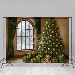 Aperturee - Aperturee Cozy Christmas Room Photography Backdrop Snowy Window with Green and Gold Tree Elegant Holiday Photo Background