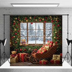Aperturee - Aperturee Cozy Christmas Room Set Backdrop with Snowy Window Teddy Bears Sleigh and Wood Floor Holiday Photo Studio
