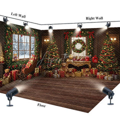 Aperturee - Aperturee Cozy Christmas Room Set Backdrop with Snowy Window Teddy Bears Sleigh and Wood Floor Holiday Photo Studio