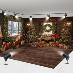 Aperturee - Aperturee Cozy Christmas Room Set Backdrop with Snowy Window Teddy Bears Sleigh and Wood Floor Holiday Photo Studio