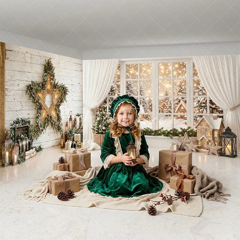 Aperturee - Aperturee Cozy Christmas Snowy Winter Village Room Set Backdrop with Festive Tree Star Wreath Wood Wall for Holiday Decor