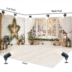 Aperturee - Aperturee Cozy Christmas Snowy Winter Village Room Set Backdrop with Festive Tree Star Wreath Wood Wall for Holiday Decor