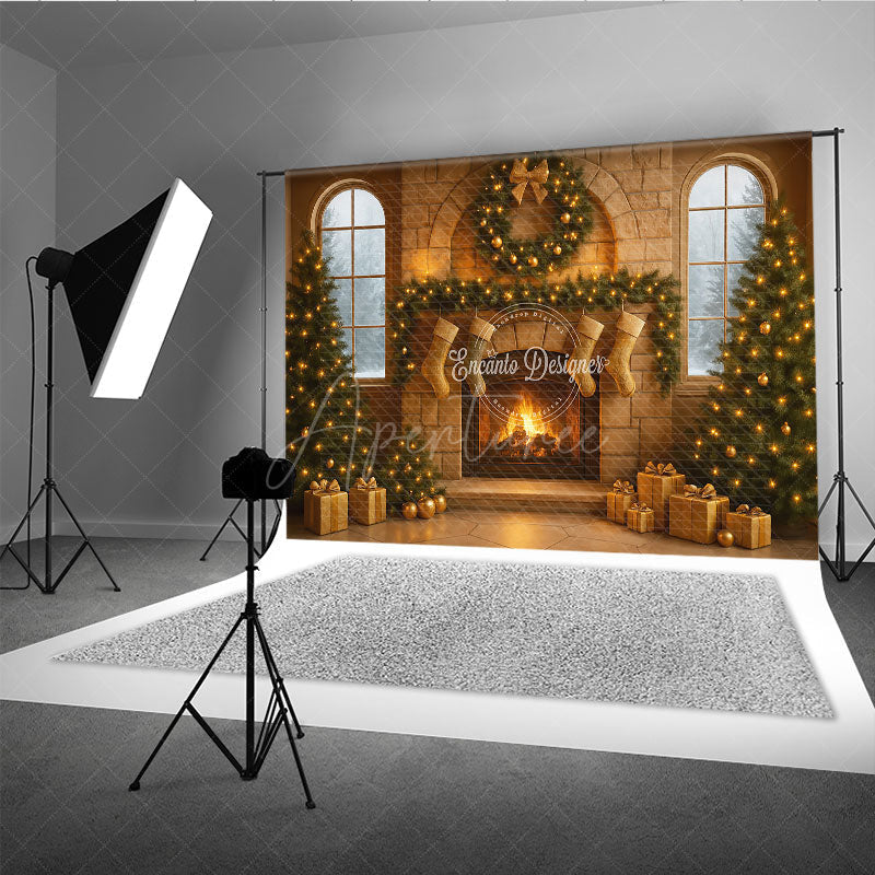 Aperturee - Aperturee Cozy Christmas Stone Fireplace Photography Backdrop Stockings and Trees Snowy Window Holiday Background