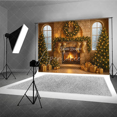 Aperturee - Aperturee Cozy Christmas Stone Fireplace Photography Backdrop Stockings and Trees Snowy Window Holiday Background