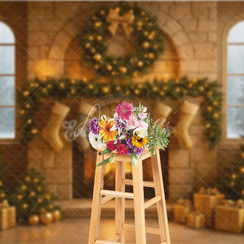 Aperturee - Aperturee Cozy Christmas Stone Fireplace Photography Backdrop Stockings and Trees Snowy Window Holiday Background