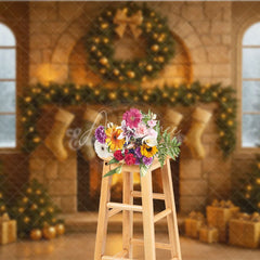 Aperturee - Aperturee Cozy Christmas Stone Fireplace Photography Backdrop Stockings and Trees Snowy Window Holiday Background