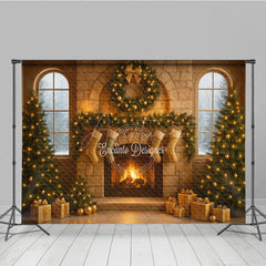 Aperturee - Aperturee Cozy Christmas Stone Fireplace Photography Backdrop Stockings and Trees Snowy Window Holiday Background