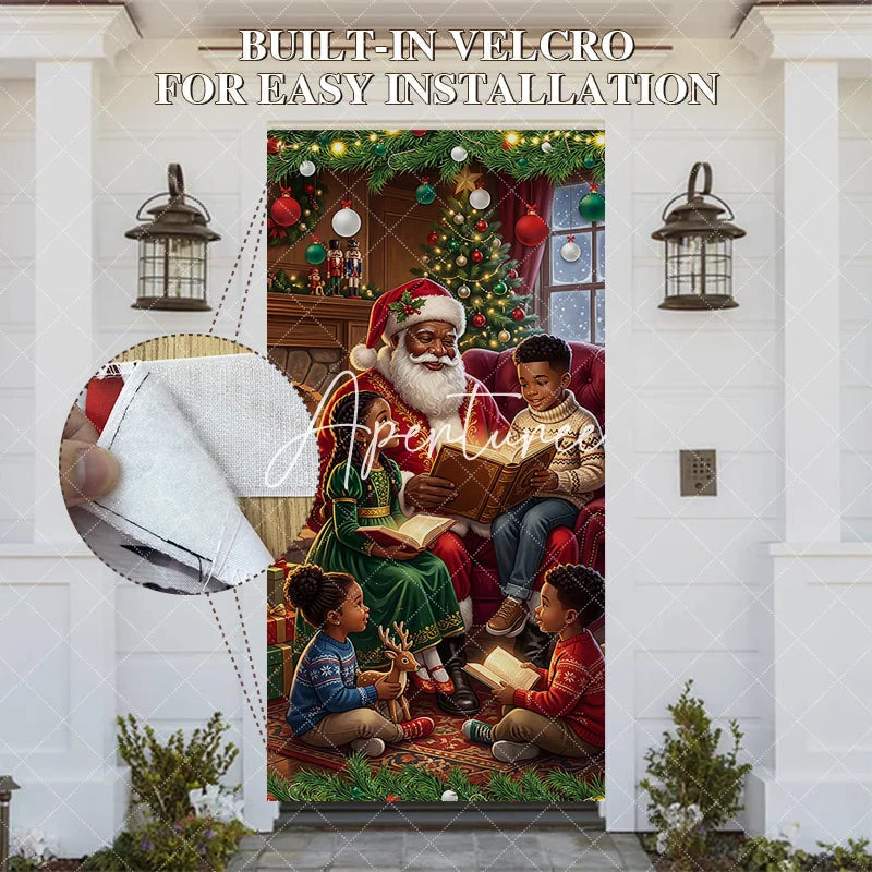 Aperturee - Aperturee Cozy Christmas Storytelling Santa Claus and Children Door Cover Festive Holiday Family Reading Decor