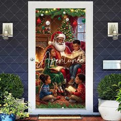 Aperturee - Aperturee Cozy Christmas Storytelling Santa Claus and Children Door Cover Festive Holiday Family Reading Decor