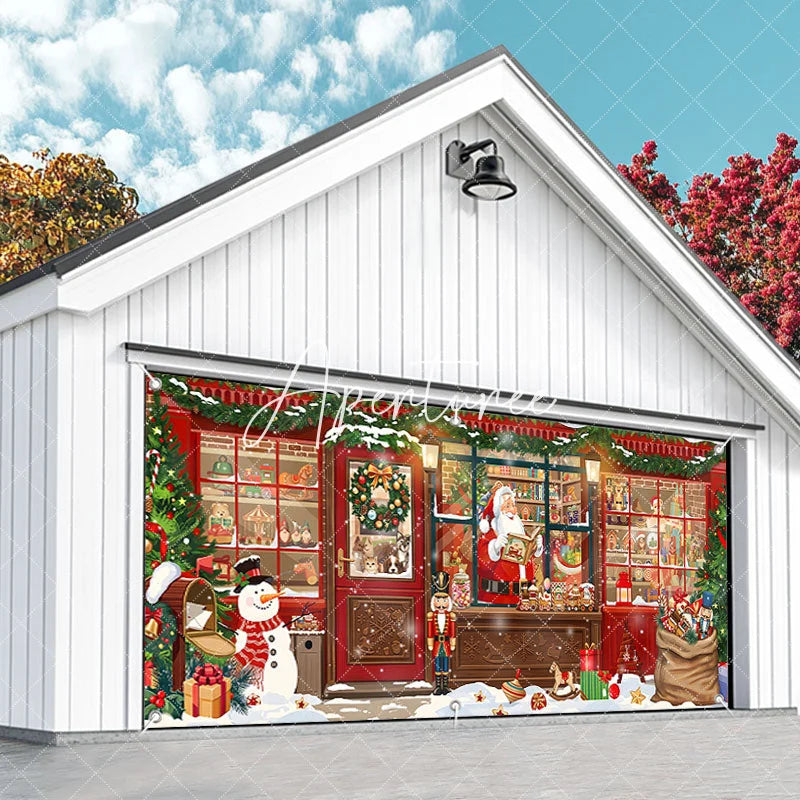 Aperturee - Aperturee Cozy Christmas Toy Shop with Santa Snowman and Gifts Garage Door Banner Festive Winter Holiday Decor