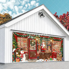 Aperturee - Aperturee Cozy Christmas Toy Shop with Santa Snowman and Gifts Garage Door Banner Festive Winter Holiday Decor