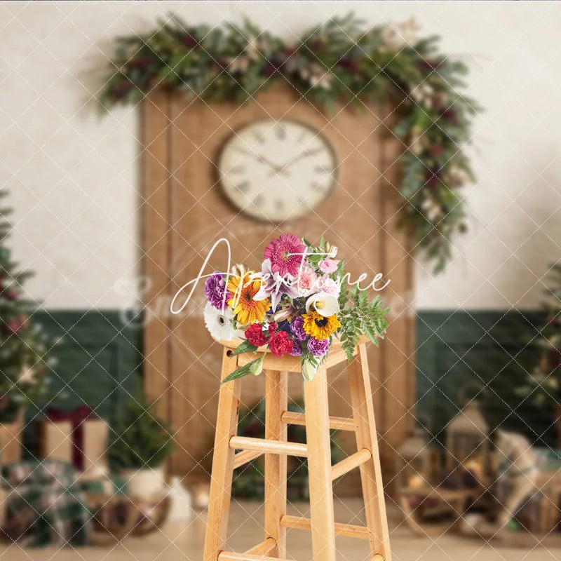 Aperturee - Aperturee Cozy Christmas Tree and Gifts Holiday Backdrop with Festive Garland and Clock Winter Celebration Decor