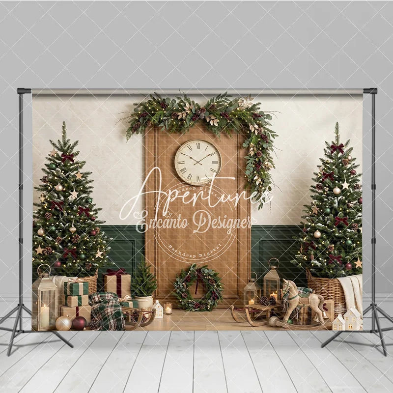 Aperturee - Aperturee Cozy Christmas Tree and Gifts Holiday Backdrop with Festive Garland and Clock Winter Celebration Decor