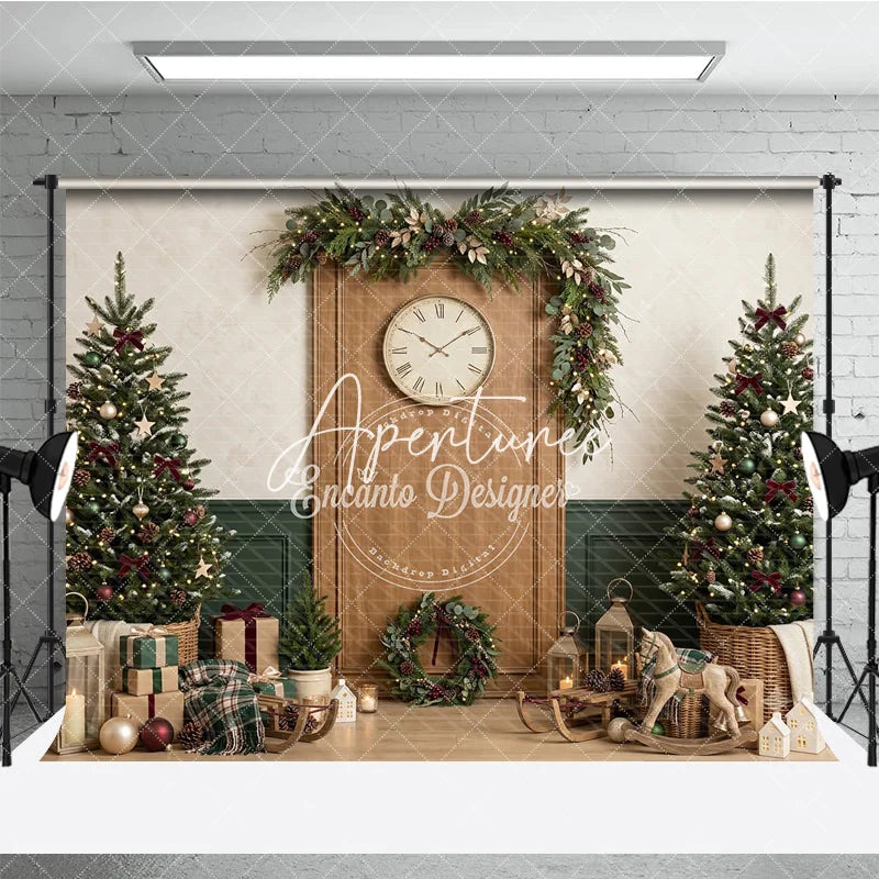 Aperturee - Aperturee Cozy Christmas Tree and Gifts Holiday Backdrop with Festive Garland and Clock Winter Celebration Decor