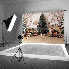 Aperturee - Aperturee Cozy Christmas Tree and Gingerbread House Photography Backdrop with Snowman and Fireplace Winter Holiday Decor