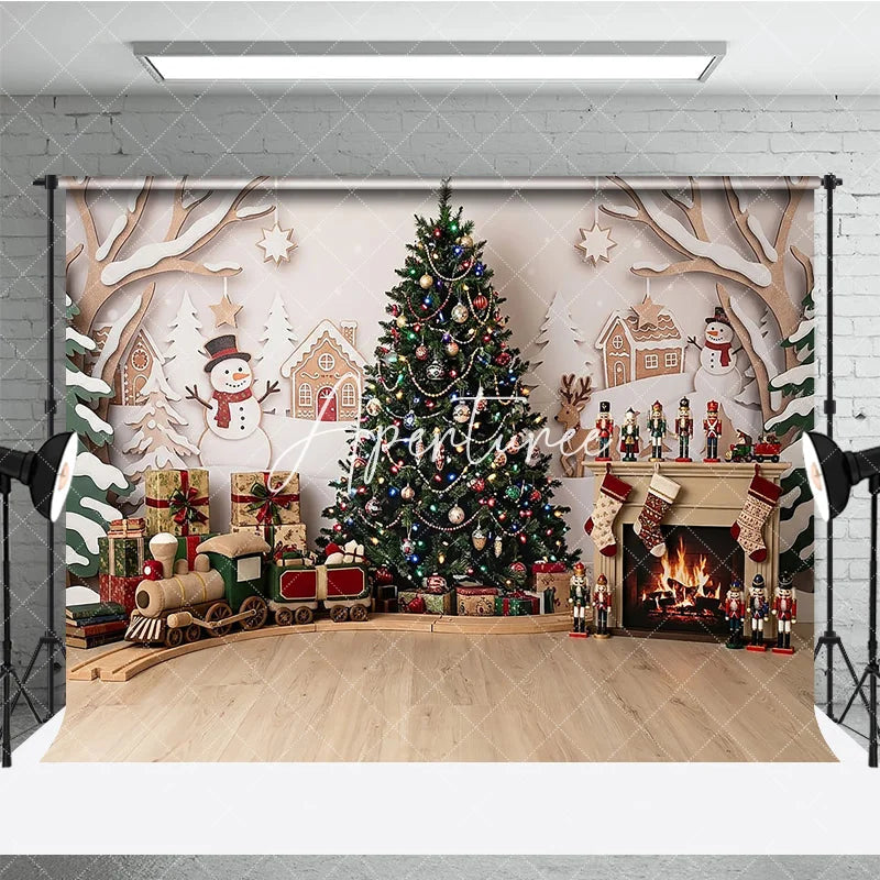 Aperturee - Aperturee Cozy Christmas Tree and Gingerbread House Photography Backdrop with Snowman and Fireplace Winter Holiday Decor