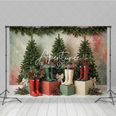 Aperturee - Aperturee Cozy Christmas Tree and Rain Boots Holiday Backdrop Festive Winter Decor with Pine Branches and Red Berries