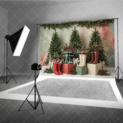 Aperturee - Aperturee Cozy Christmas Tree and Rain Boots Holiday Backdrop Festive Winter Decor with Pine Branches and Red Berries