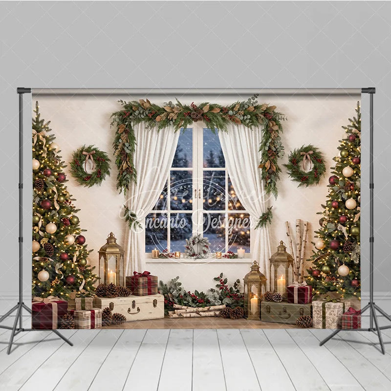 Aperturee - Aperturee Cozy Christmas Tree and Window Holiday Backdrop Festive Winter Wonderland Scene with Gifts and Lanterns