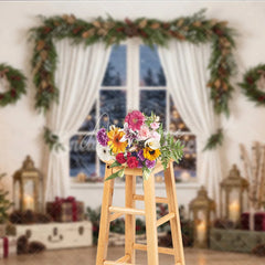 Aperturee - Aperturee Cozy Christmas Tree and Window Holiday Backdrop Festive Winter Wonderland Scene with Gifts and Lanterns