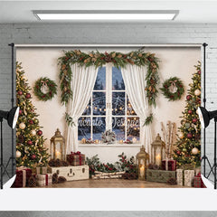 Aperturee - Aperturee Cozy Christmas Tree and Window Holiday Backdrop Festive Winter Wonderland Scene with Gifts and Lanterns