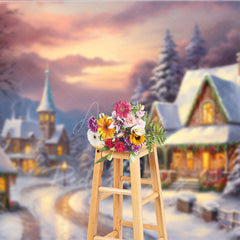 Aperturee - Aperturee Cozy Christmas Village Photography Backdrop Painterly Snow Scene at Sunset Holiday Cottage Photo Background