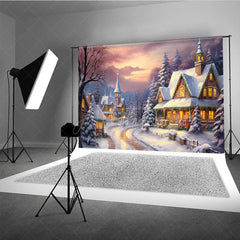 Aperturee - Aperturee Cozy Christmas Village Photography Backdrop Painterly Snow Scene at Sunset Holiday Cottage Photo Background