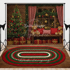 Aperturee - Aperturee Cozy Christmas Window Combo Set Backdrop Rustic Room with Teddy Bears Holiday Braided Rug Photo Floor
