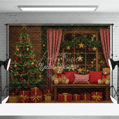 Aperturee - Aperturee Cozy Christmas Window Combo Set Backdrop Rustic Room with Teddy Bears Holiday Braided Rug Photo Floor