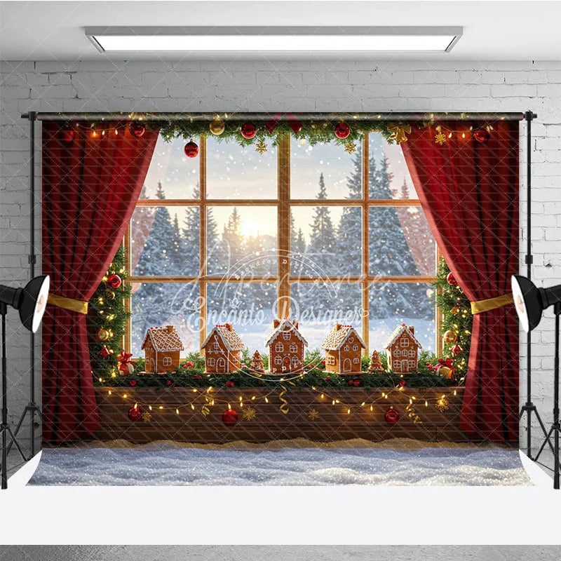 Aperturee - Aperturee Cozy Christmas Window Photography Backdrop Gingerbread Village on Windowsill Snowy Holiday Mini Session Background
