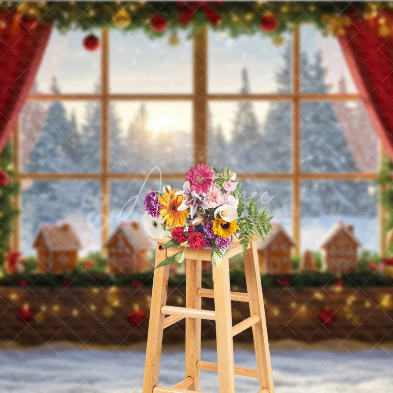 Aperturee - Aperturee Cozy Christmas Window Photography Backdrop Gingerbread Village on Windowsill Snowy Holiday Mini Session Background