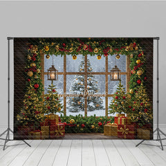 Aperturee - Aperturee Cozy Christmas Window Photography Backdrop Snowy View with Garland and Lanterns Rustic Holiday Photo Background