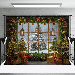 Aperturee - Aperturee Cozy Christmas Window Photography Backdrop Snowy View with Garland and Lanterns Rustic Holiday Photo Background