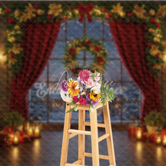 Aperturee - Aperturee Cozy Christmas Window Photography Backdrop Snowy Village View with Red Curtains Holiday Mini Session Background