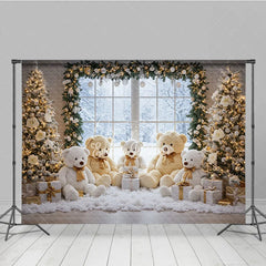 Aperturee - Aperturee Cozy Christmas Window Photography Backdrop Teddy Bear Family in the Snow Holiday Mini Session Background