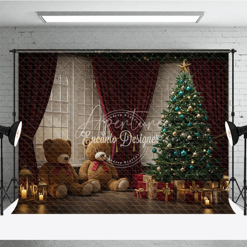 Aperturee - Aperturee Cozy Christmas Window Photography Backdrop Teddy Bears and Tree with Red Curtains Holiday Mini Sessions