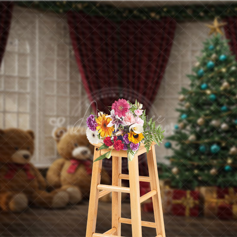 Aperturee - Aperturee Cozy Christmas Window Photography Backdrop Teddy Bears and Tree with Red Curtains Holiday Mini Sessions