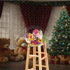 Aperturee - Aperturee Cozy Christmas Window Photography Backdrop Teddy Bears and Tree with Red Curtains Holiday Mini Sessions