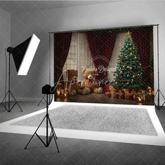 Aperturee - Aperturee Cozy Christmas Window Photography Backdrop Teddy Bears and Tree with Red Curtains Holiday Mini Sessions