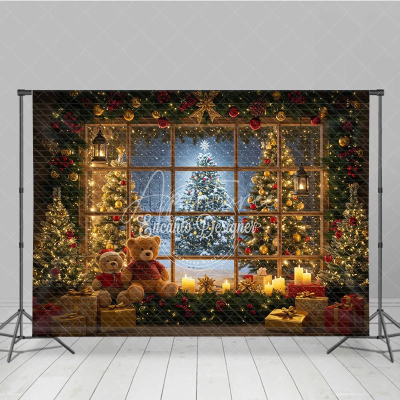 Aperturee - Aperturee Cozy Christmas Window Photography Backdrop Teddy Bears and Trees with a Snowy View Holiday Photo Background